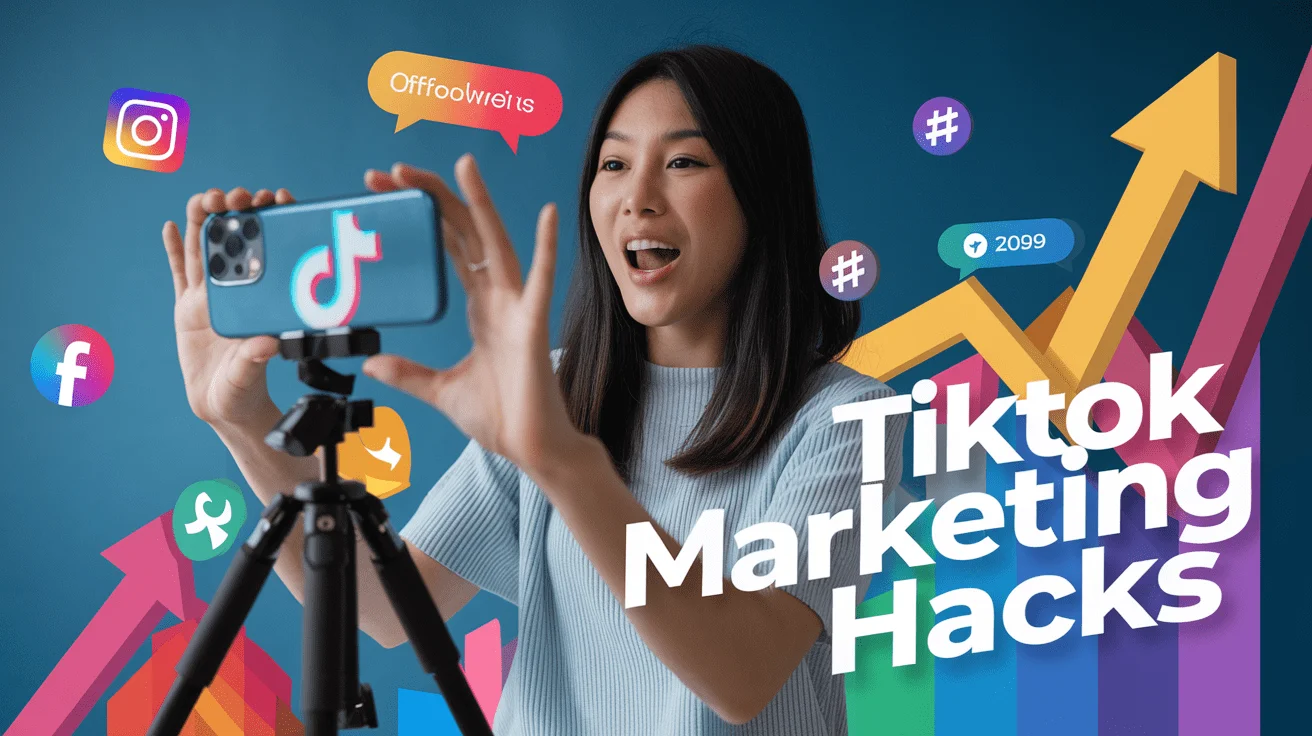 Create a realistic image of a young Asian female content creator enthusiastically filming a TikTok video with her smartphone on a tripod, surrounded by vibrant social media icons and floating hashtags, with a colorful graph trending upwards in the background, and the text "TikTok Marketing Hacks" overlaid in a trendy font.